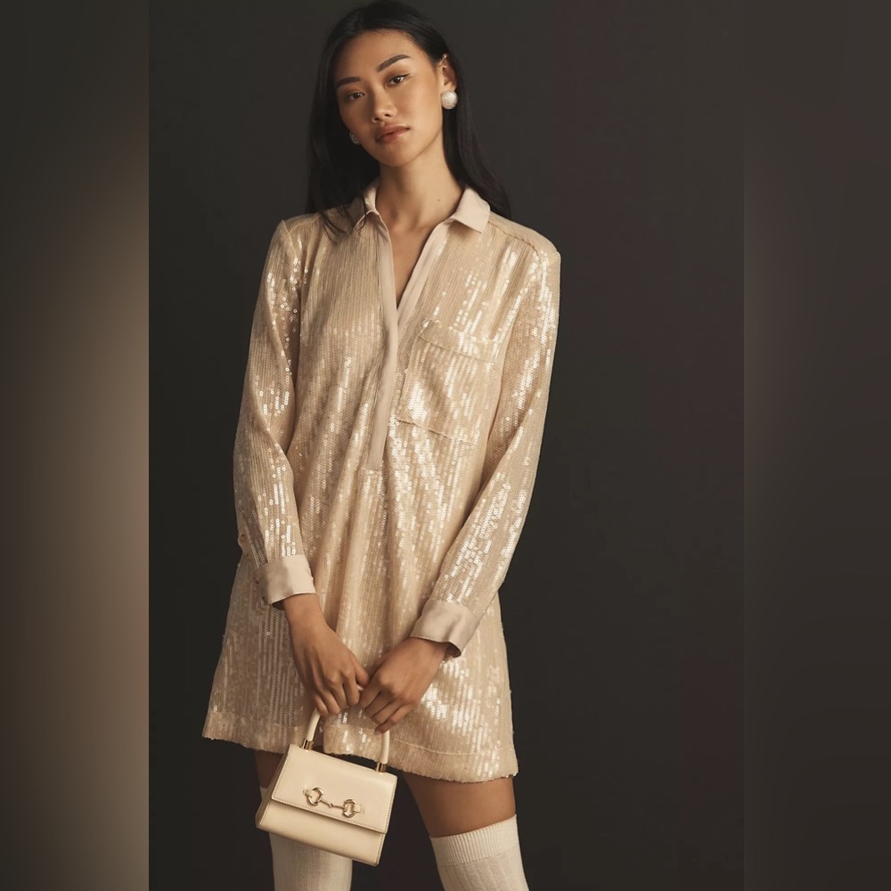 Anthropologie PILCRO Long-Sleeve Sequin Mini Shirt Dress in Ivory Sz XXS